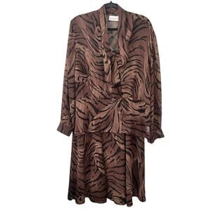 Vtg. Liz Claiborne Collection Silk Skirt Set Size 14 Animal Print Brown Black
